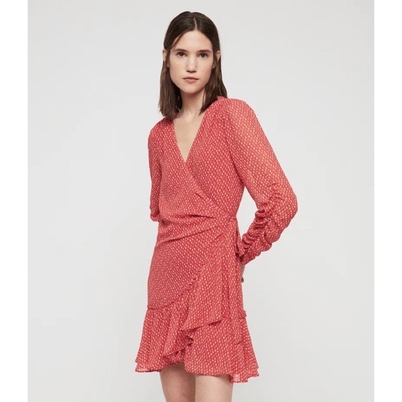 ALLSAINTS Flores Heart Print Wrap Dress Ruched Ruffle Red All Saints X-Small - Picture 1 of 16
